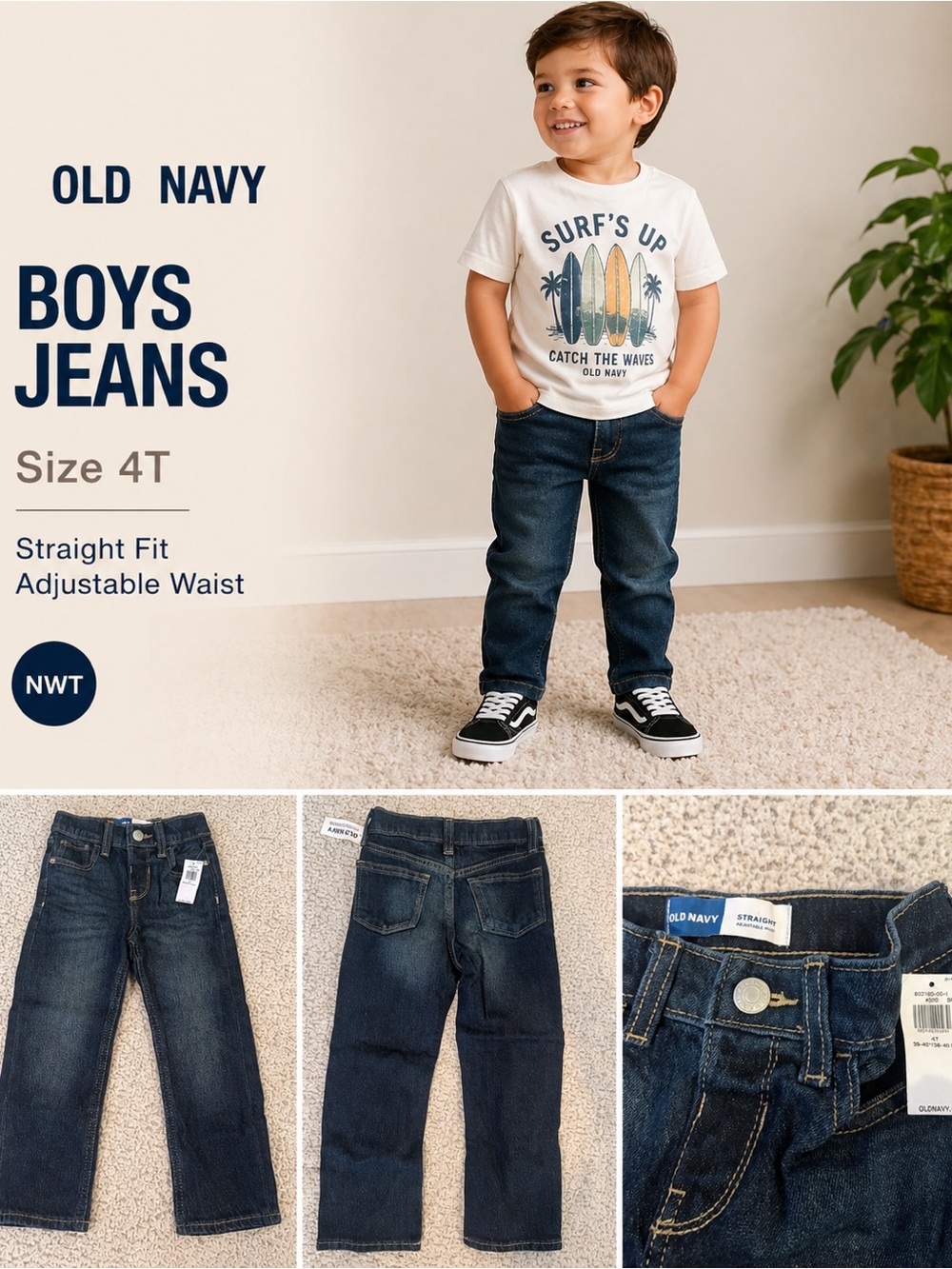 NWT Old Navy Boys Straight Jeans Size 4T Dark Wash Adjustable Waist